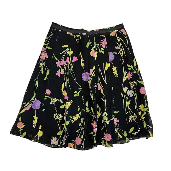 Vintage Silk Chiffon Beaded Floral Knee Length Skirt Black Size 12 Preppy Twee - Picture 2 of 12